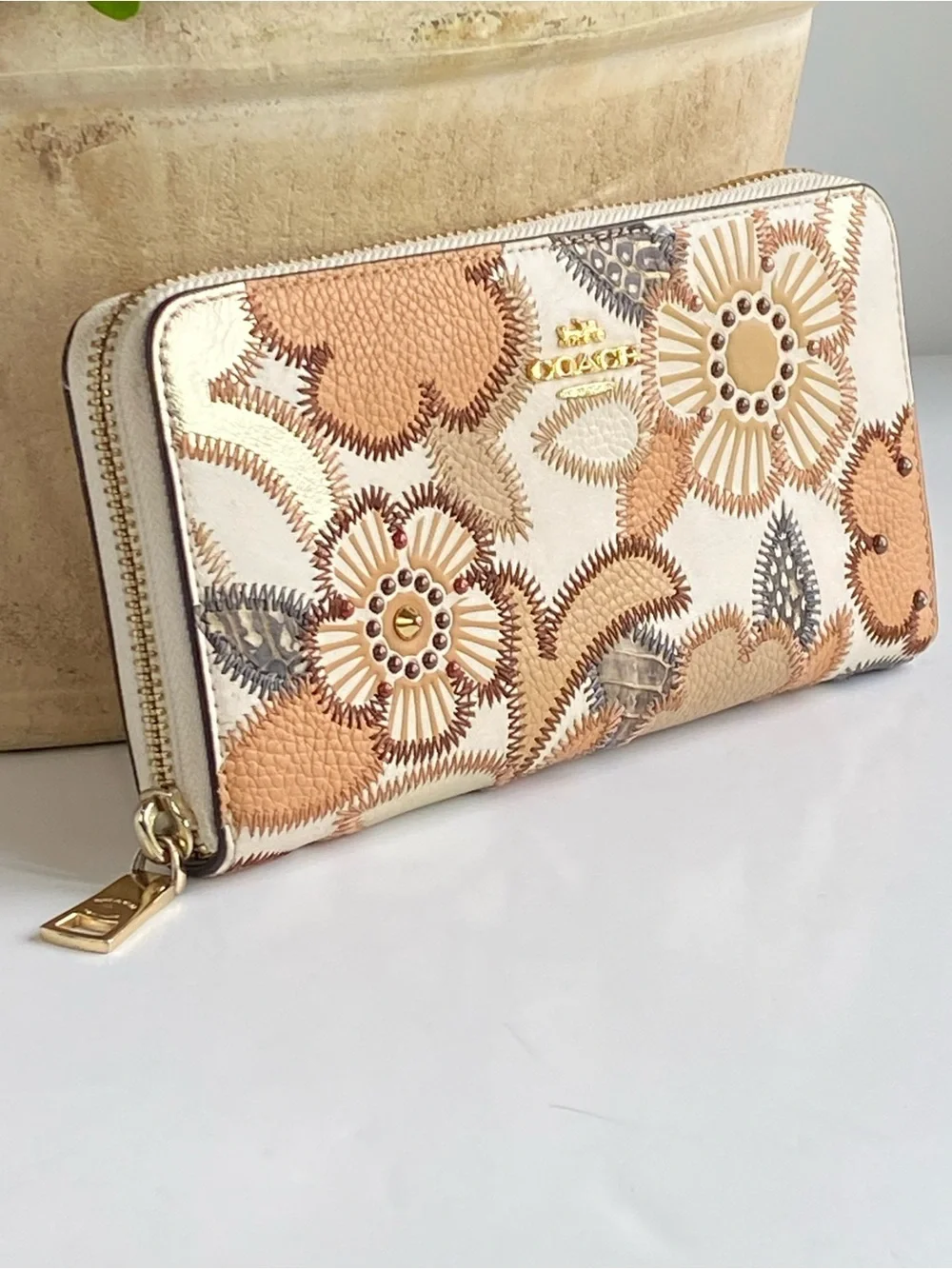 Coach Studded Floral Swagger Floral  Zip Wallet in Cream and Tan